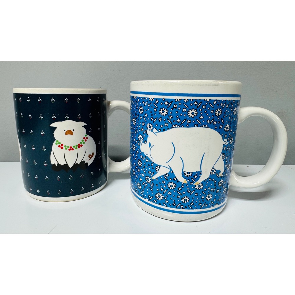 Vintage 1980s Pig Mug Set Inarco 1986 Artmark 1983 Blue Navy Ceramic Coffee Cups